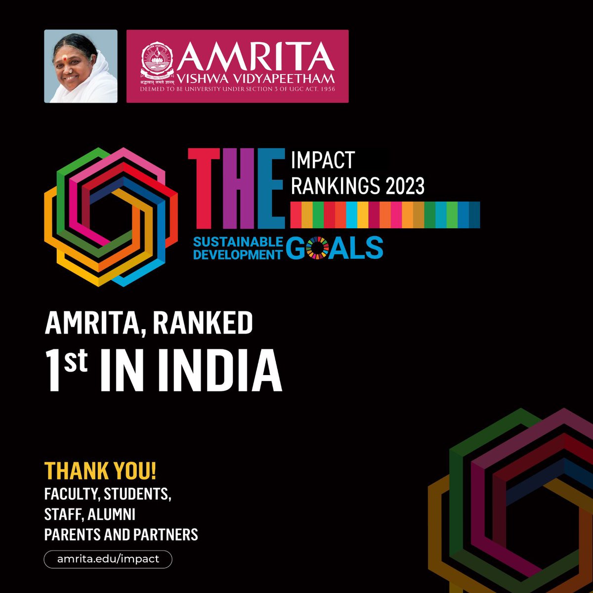 ✨ Celebrating a Momentous Achievement! ✨ #Amrita University has been ranked 1st in #India and 52nd globally in @timeshighered  THE Impact Rankings 2023. It's a testament of unwavering  commitment towards sustainable development and social impact.

#SustainableDevelopment