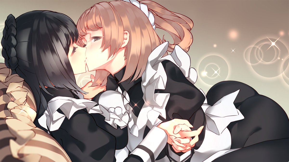 lesbians, closed eyes, two women, anime, anime girls, kissing, yuri, maid