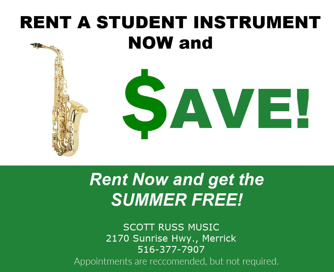 RENT or RENEW a MUSICAL INSTRUMENT Now & get the SUMMERE FREE! Beat the crowds and Save! 
#musicalinstrument #musicalinstrumentrental #schoolband #schoolorchestra #schoolmusic #stringinstrument #brassinstrument #windinstrument #musicteacher #merrickny