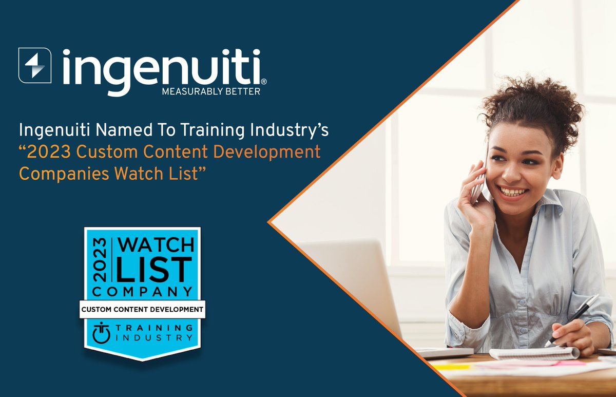 ingenuitiglobal's tweet image. Innovation, Next Gen Design Approach Elevates Ingenuiti to another Top 20 Watch List Award from Training Industry, Inc. An exciting achievement brought about by the hard work of an exceptional team! #Top20 #TrainingIndustryTop20 #CustomContentDevelopment
ingenuiti.com/ingenuiti-name…
