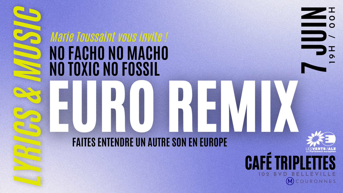 Ils veulent nous voler l'Europe. Mais nous ne les laisserons pas faire.

Le 7 juin, je vous invite aux Triplettes de Belleville pour faire entendre un autre son en Europe, avec un DJ set, et des militantes de feu ! 🔥

👉 Tous les détails ici : fb.me/e/5C6A7pKOX