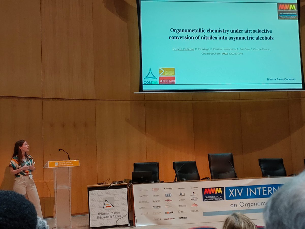 This week, being at the XIV International School on Organometallic Chemistry 'Marcial Moreno Mañas' held in Alicante, presenting our work about the Transformation of Nitriles to Ketones and Alcohols using s-block Organometallic Compounds and under Sustainable Reaction Conditions.