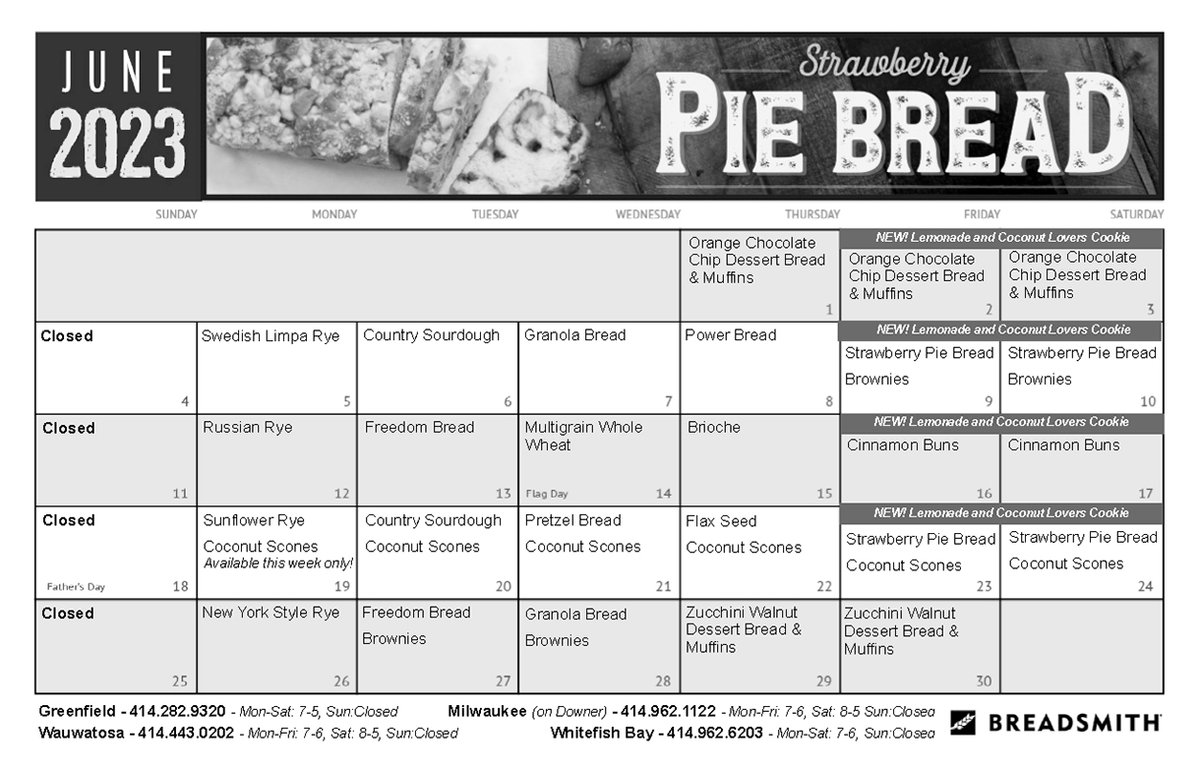BreadsmithofWFB's tweet photo. Try our Strawberry Pie Bread, Orange Chocolate Chip Dessert Bread, Cinnamon Buns and Coconut Scones this June. These artisan treats are perfect for picnics, barbecues and all your summer gatherings.
Mark your calendars so you don't miss any of your favorites! 🍓

#breadsmithmke https://t.co/kjqXcTHZE8