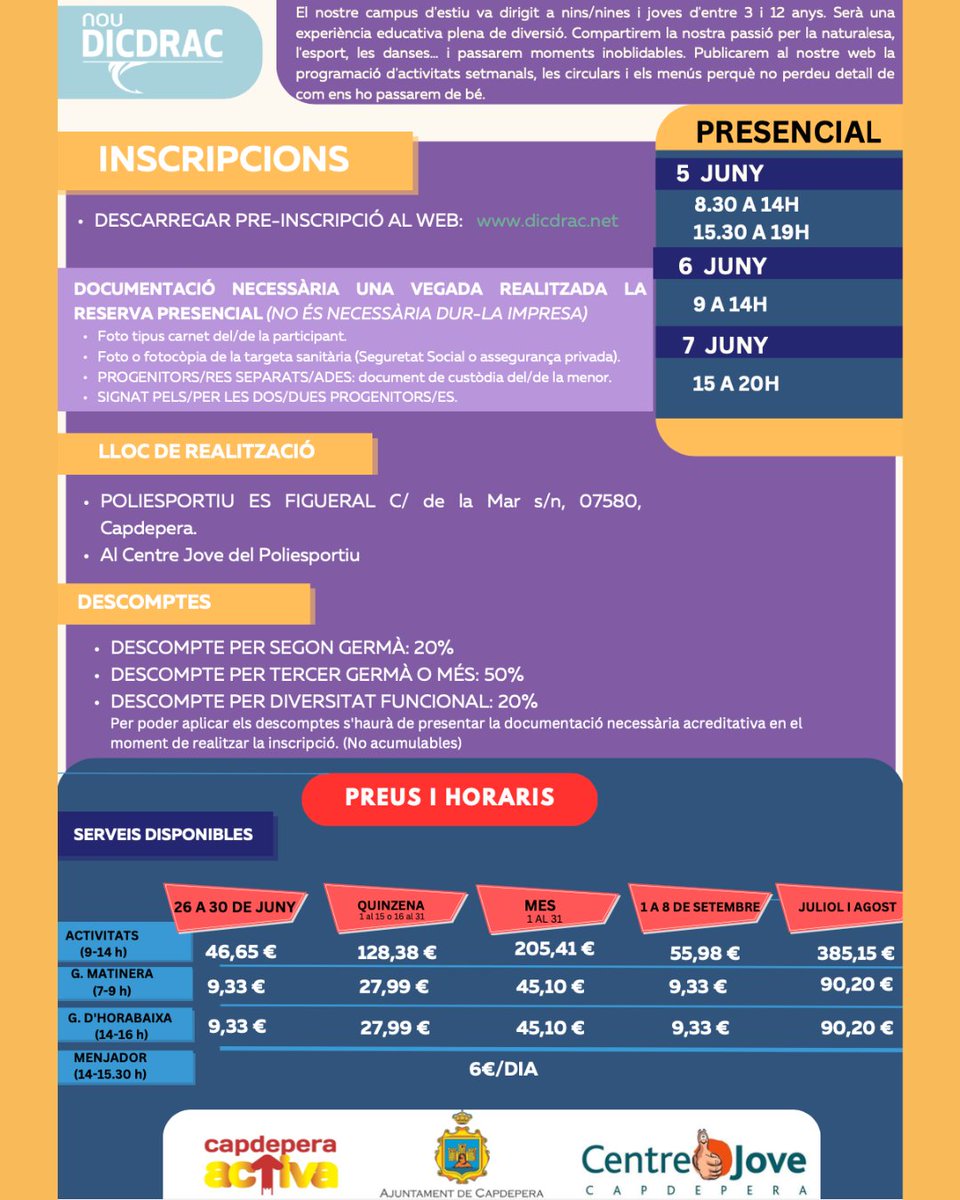 🔆🏝  ESCOLA D'ESTIU ESPORTIVA - CAPDEPERA 2023. 🔆🏝  DEL 26 DE JUNY FINS AL 9 DE SETEMBRE. 🏟 Poliesportiu ES FIGUERAL Telèfon: 615 221 223 C/ de la Mar s/n, Poliesportiu Capdepera dicdrac.net/campus-capdepe…