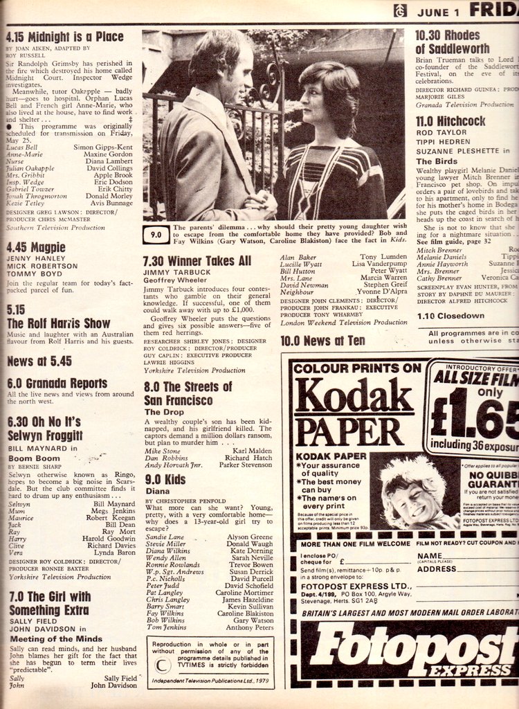 woodg31's tweet photo. TV📺1/6/79 ITV 
4.15:Midnight is a Place 4.45:Magpie 5.15:The Rolf Harris Show 5.45:News 6.30:Oh No It's Selwyn Froggitt 7.0:The Girl with Something Extra 7.30:Winner Takes All 8.0:The Streets of San Francisco 9.0:Kids 10.0:News 10.30:Rhodes of Saddleworth https://t.co/owwzu232a9