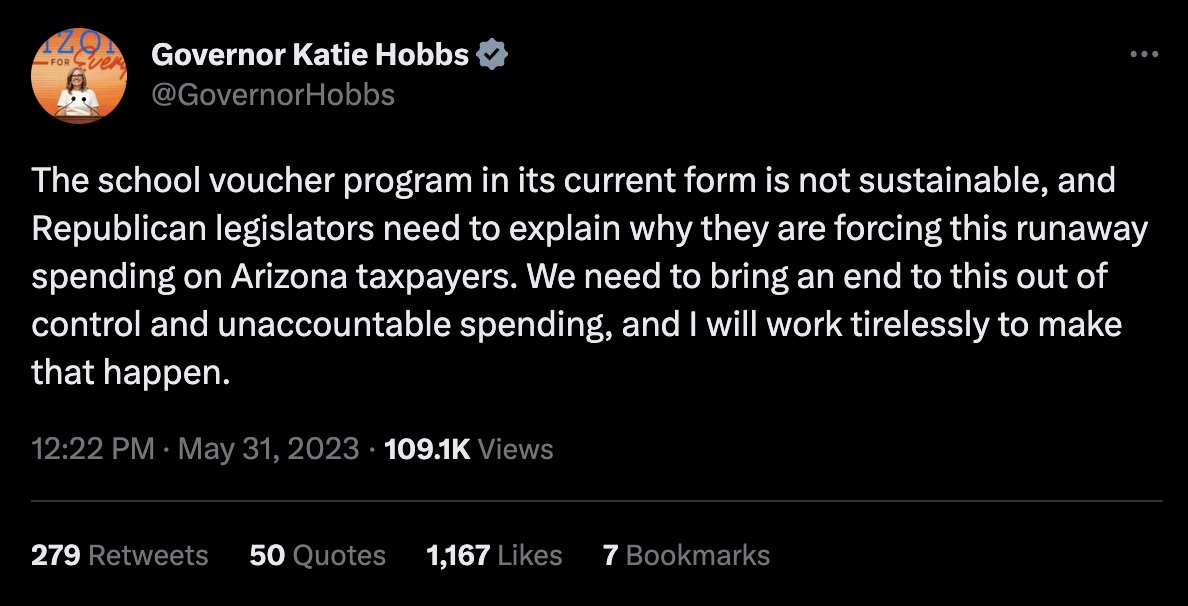 I'm embarrassed for @GovernorHobbs . She doesn't realize democrat families use and benefit from ESAs, and that they want choices and options for their kids, too. To call funding a child's education 'unaccountable spending' is a slap in the face to ESA families.