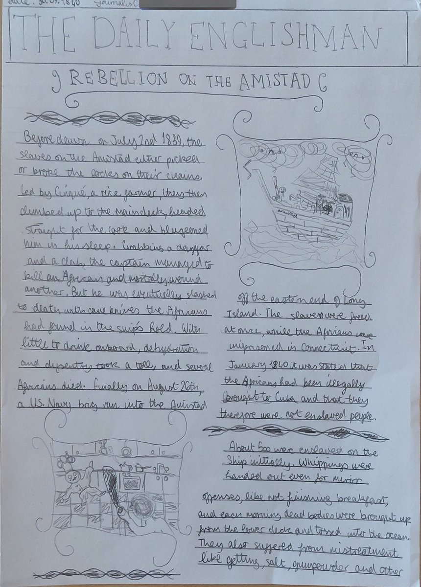 MissStewartHis's tweet photo. Some of the amazing newspapers created by my S3 class following a lesson on the Amistad Rebellion that took place during the Atlantic Slave Trade @LargsAcademy https://t.co/dGvo5wGTGn