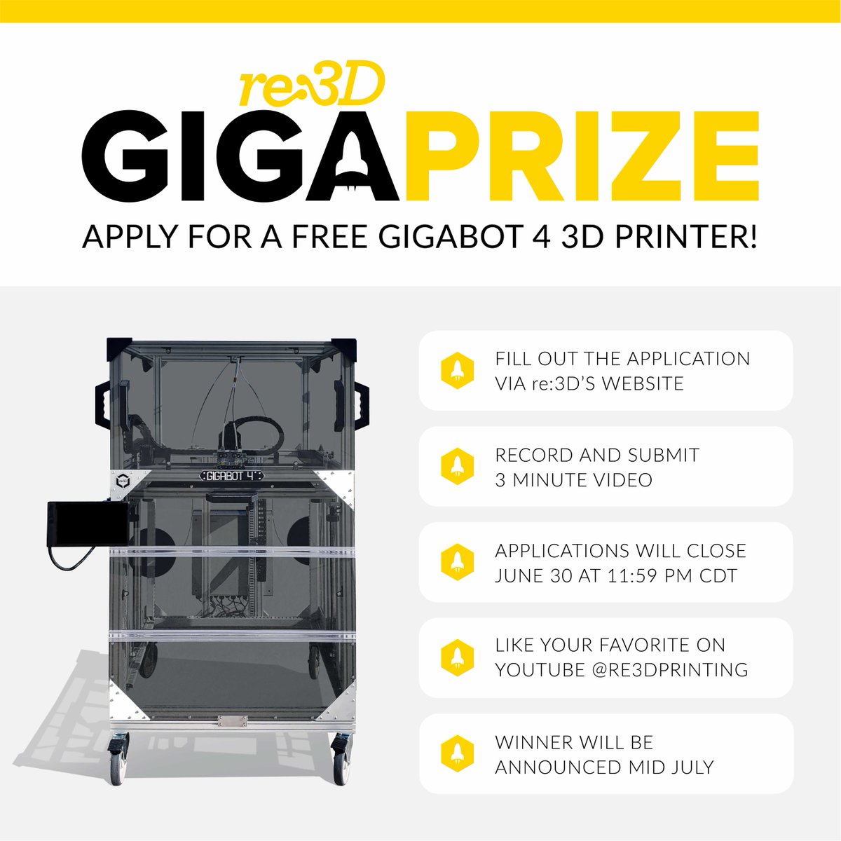 Gigaprize 2023 is LIVE! We’re giving away 1 free Gigabot 4 printer to someone committed to making a difference. Apply via the re:3D website until 6/30! 

#DreamBigPrintHuge #3Dprinting #gigabot