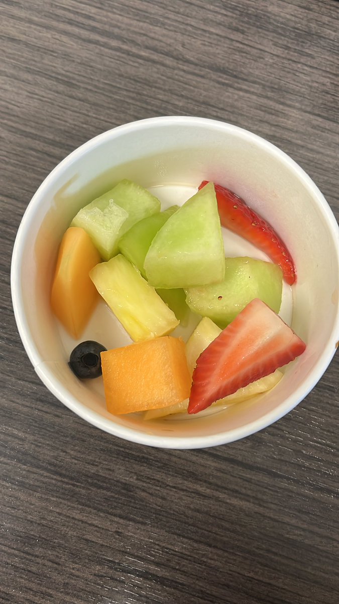 Tried to make the healthy choice and get <a href="/McAlistersDeli/">McAlister's Deli</a>. This was the fruit cup I paid $1 extra for. I feel bad for the lone blueberry. He doesn’t even have any friends.