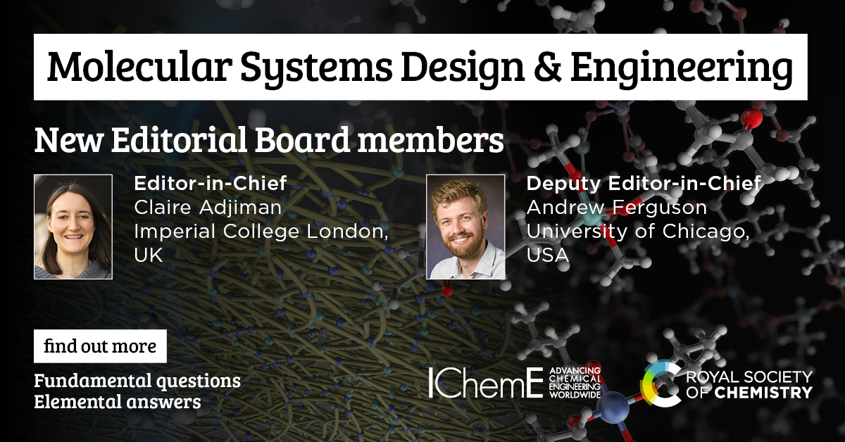 Please join us in welcoming the new <a href="/RSC_MolEng/">MSDE journal</a> Editor-in-Chief @ClaireAdjiman from <a href="/ImperialChemEng/">Imperial ChemEng</a> <a href="/sargent_centre/">Sargent Centre</a>! Claire is joined by new Deputy Editor-in-Chief Andrew Ferguson @FergLab from <a href="/UChicagoPME/">UChicago Pritzker Molecular Engineering</a>! <a href="/RoySocChem/">Royal Society of Chemistry</a> <a href="/IChemE/">IChemE</a> 
More on the MSDE blog: bit.ly/43i6U86