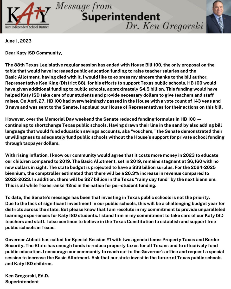 Read Superintendent Gregorski's message regarding the ending of the 88th Texas Legislative Session. bit.ly/3MJwNqn
Contact Governor Abbott's office: gov.texas.gov