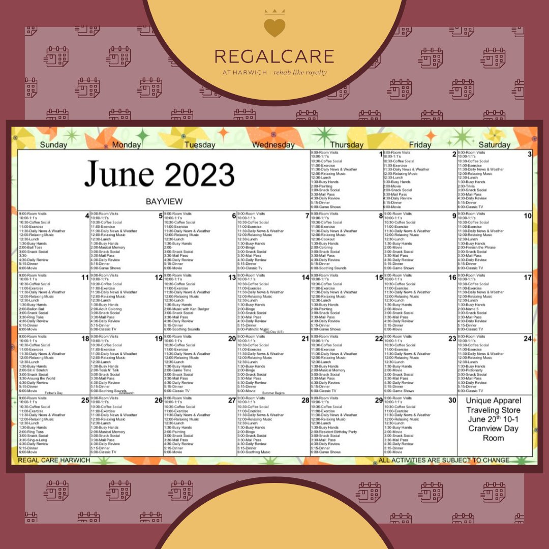 We are so excited about all the fun summer activities! Check out our June calendars and see what we have in store!

#EventCalendar #RegalCareAtHarwich #NursingCare #Therapy #GoldenYears