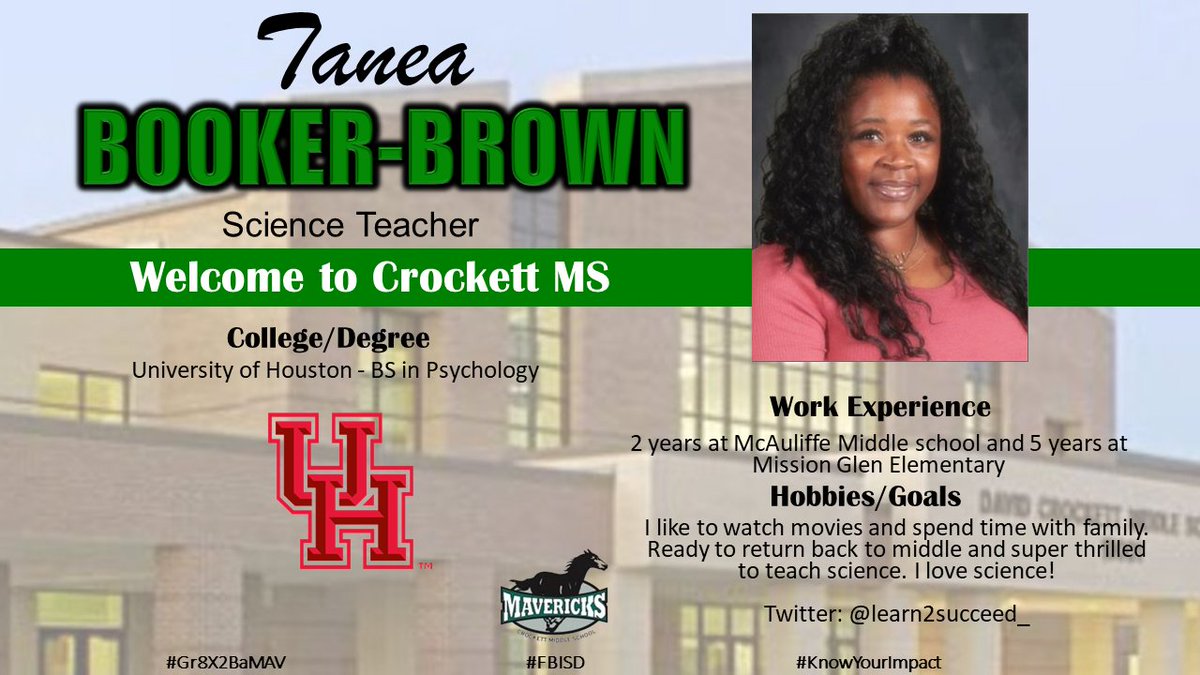 Hey Mavs! Please welcome Mrs. Tanea Booker to the Maverick Family! She is going to be a great addition to <a href="/DCMSMavericks/">Crockett Middle School</a> #Gr8X2BaMAV #KnowYourImpact
<a href="/FortBendISD/">Fort Bend ISD</a>