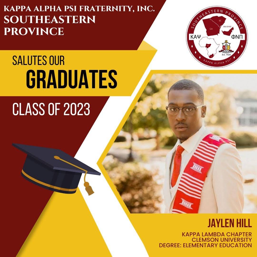 SALUTE TO OUR 2023 GRADUATES! 👨🏿‍🎓
Brother Jaylen Hill
Clemson University Chapter, the Kappa Lambda of Kappa Alpha Psi Fraternity, Inc. 
Degree in Elementary Education
#kapsi1911 #seprovince #nupesgraduate #classof2023 #achievement