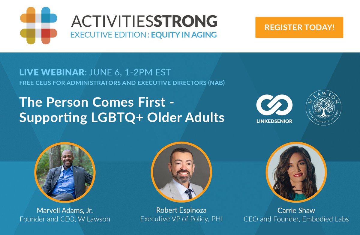 Robert Espinoza (@_robertespinoza) on Twitter photo In honor of #pridemonth, I hope you'll join me, Marvell Adams Jr., and Carrie Shaw for a June 6 webinar on creating equitable, person-centered resident engagement and care for #LGBTQ+ older adults. The webinar is hosted by <a href="/linkedsenior/">Linked Senior</a>. Register here: tinyurl.com/2u3t8pbn In honor of #pridemonth, I hope you'll join me, Marvell Adams Jr., and Carrie Shaw for a June 6 webinar on creating equitable, person-centered resident engagement and care for #LGBTQ+ older adults. The webinar is hosted by <a href="/linkedsenior/">Linked Senior</a>. Register here: tinyurl.com/2u3t8pbn