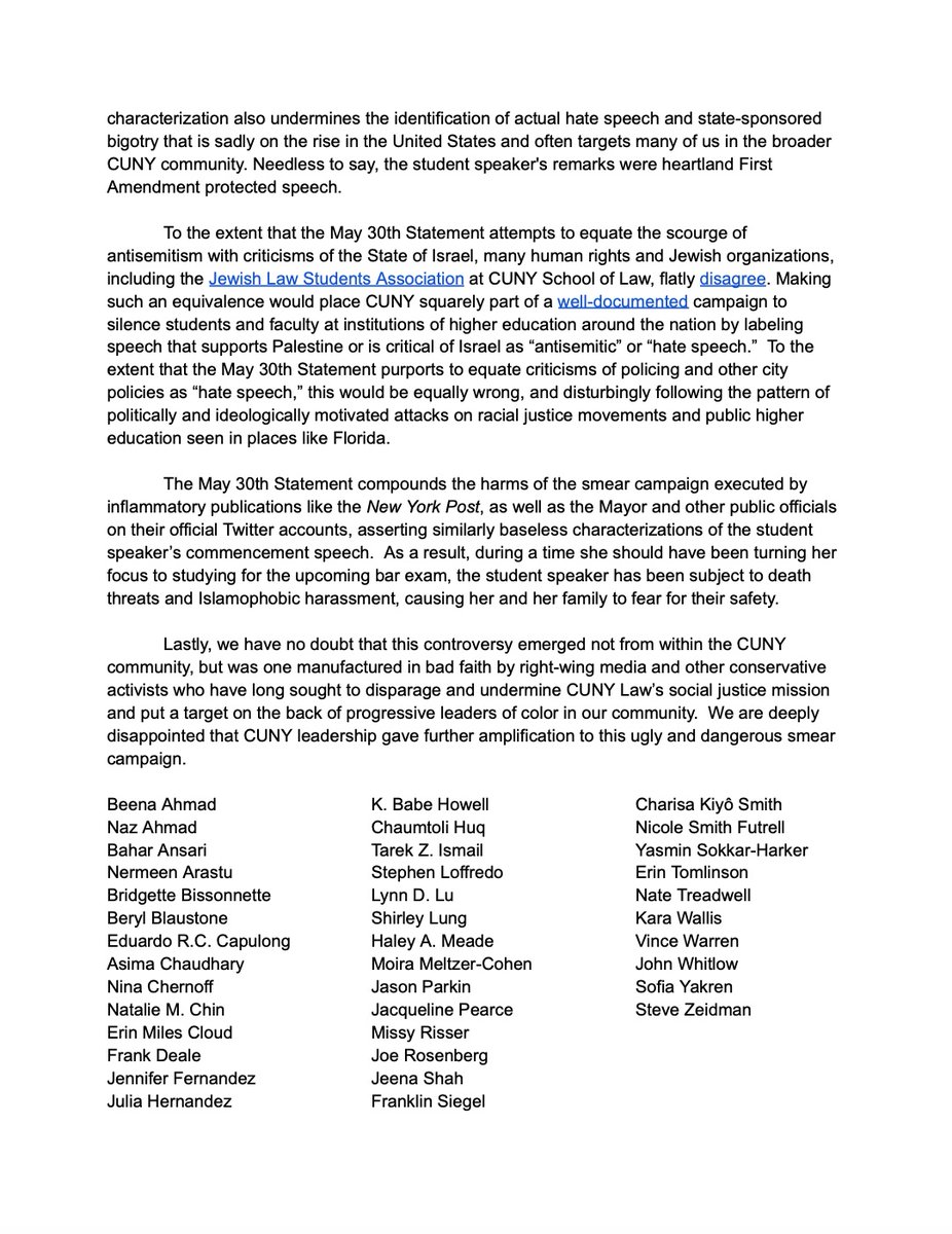 I stand alongside my CUNY Law faculty colleagues in calling on @ChancellorCUNY and the CUNY Board of Trustees to rescind their statement and apologize immediately to Fatima Mohammed and the CUNY Law community. 

You have maligned & endangered a student. 

tinyurl.com/2hk3w33k