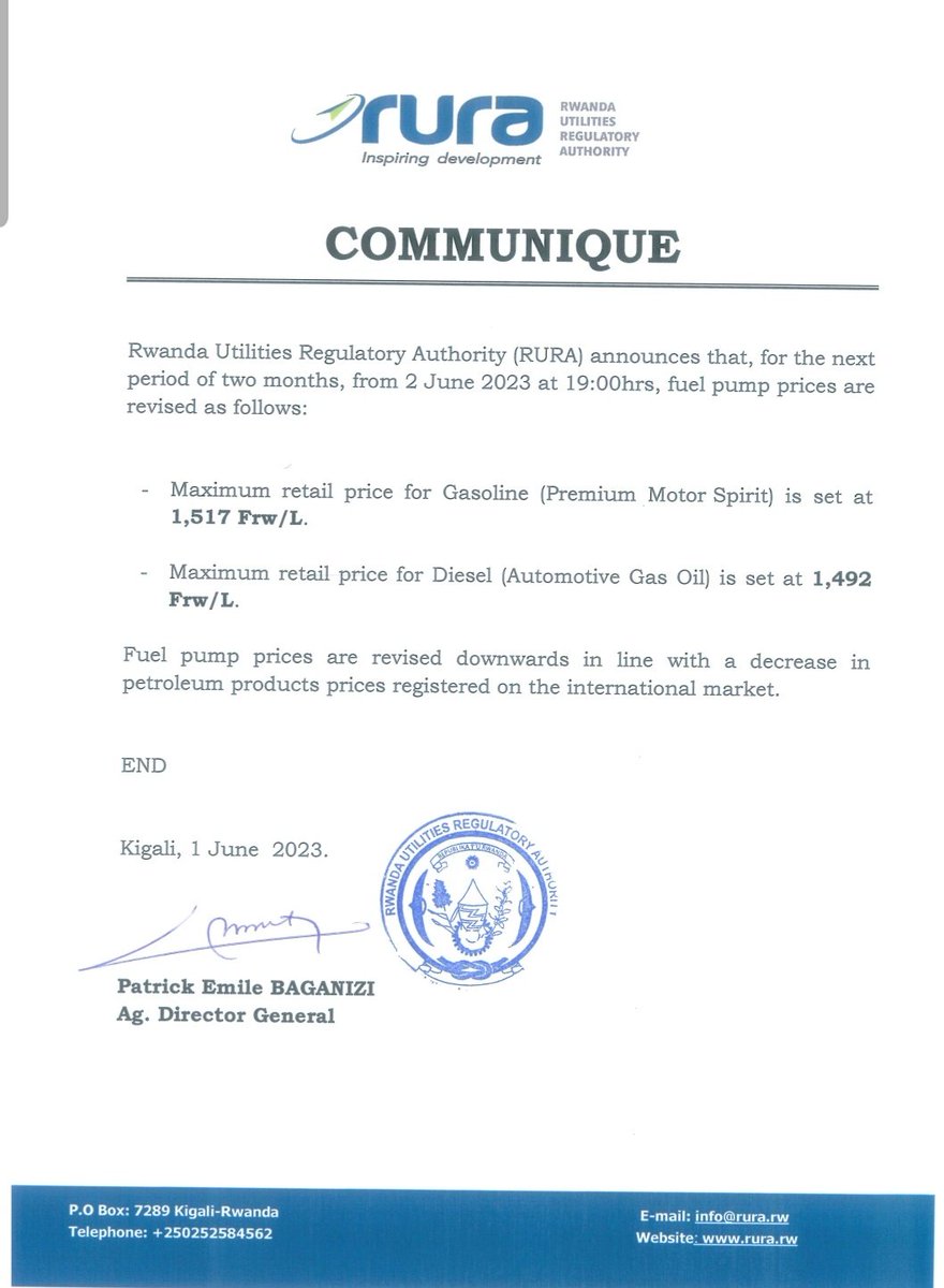 COMMUNIQUE: Fuel price cap for June and July, set to come into force from 2 June 2023.

#RwOT