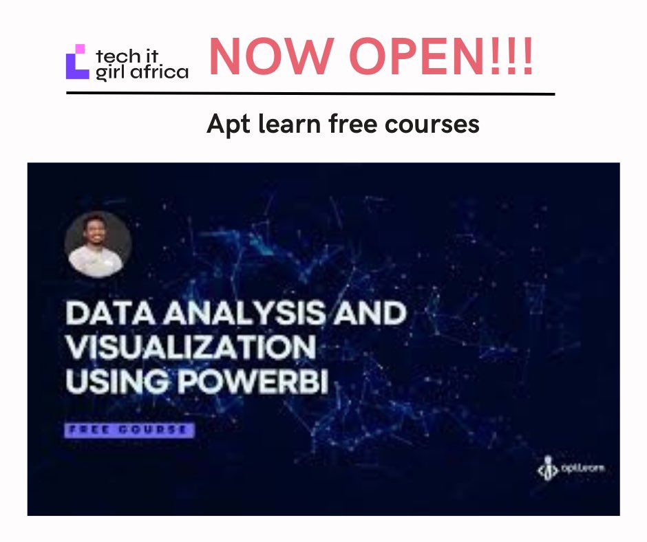 Unlock a fast track to career advancement with one game-changing skill
Data Analytics and Visualization Course with Power BI

Apply using the link below ⬇️ 

aptlearn.io/courses/data-a…

#techitgirlafrica #igirlhub #stemlearning #opportunities #opportunity #techcommunity