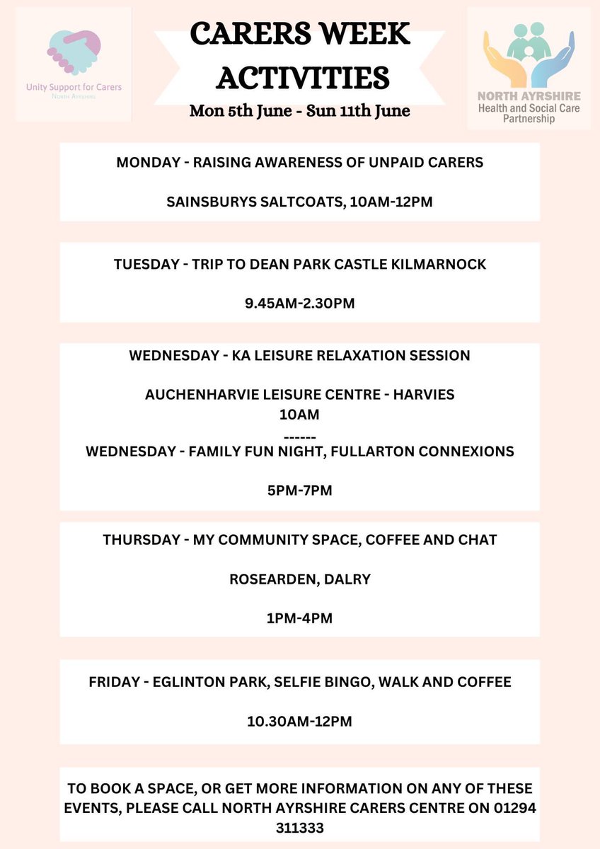 NA_Carers's tweet photo. Remember @carersweek is fast approaching and Unity Carers Centre have listened to carers suggestions and organised some fantastic events throughout the week. 

To find out more information on what support is available for unpaid carers contact 01294 311333 #BuildACaringCommunity https://t.co/8I5i5AaVjv