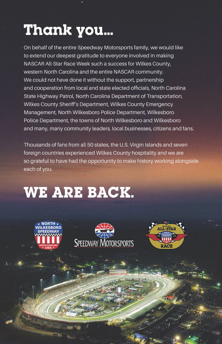 NWBSpeedway's tweet photo. Words can’t express our gratitude. 📝 https://t.co/wtCSu8Q84Q