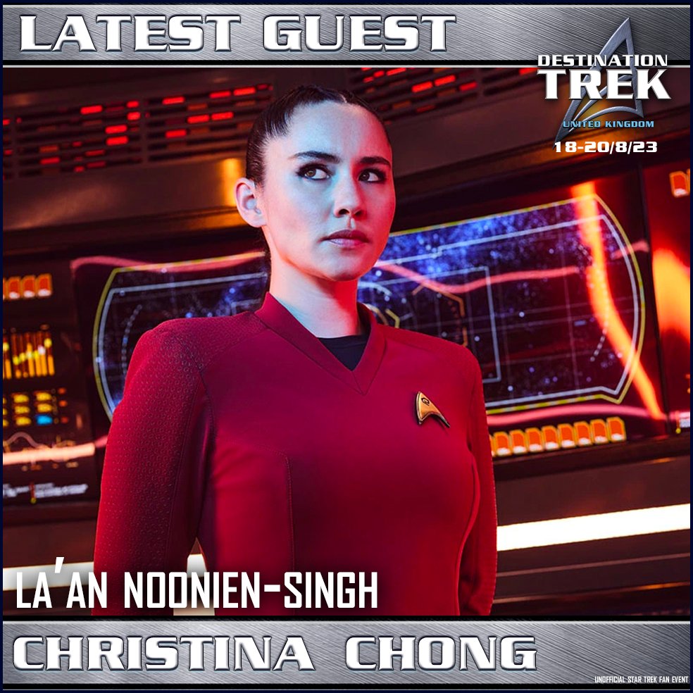 DestFanEvents's tweet photo. CHRISTINA CHONG is joining the line-up at #DestinationTrek!

​​@ChristinaChongx is best known to Star Trek fans as the Enterprise’s troubled chief of security La'an Noonien-Singh Star Trek: Strange New Worlds!

Tickets available now - https://t.co/NcE030hEbX https://t.co/4Zz6h18OGa