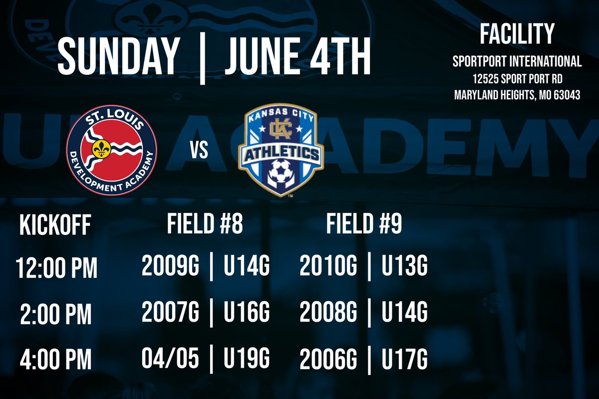 StLouisDAsoccer (@stldasoccer) on Twitter photo College coaches! Come out and watch two great clubs with great talent all over the fields! 👍❤️⚽️ <a href="/AthleticsKC/">KC Athletics Soccer Club</a> <a href="/ImYouthSoccer/">ECNL/GA/Recruiting/College Soccer</a> <a href="/Premier2007/">STLDA 06/07 Girls Elite</a> <a href="/06Sporting/">STLDA 06 Girls Academy</a> @stlda2010ga <a href="/Stlda07GA/">Stlda_07GA</a> @STLDAFutures College coaches! Come out and watch two great clubs with great talent all over the fields! 👍❤️⚽️ <a href="/AthleticsKC/">KC Athletics Soccer Club</a> <a href="/ImYouthSoccer/">ECNL/GA/Recruiting/College Soccer</a> <a href="/Premier2007/">STLDA 06/07 Girls Elite</a> <a href="/06Sporting/">STLDA 06 Girls Academy</a> @stlda2010ga <a href="/Stlda07GA/">Stlda_07GA</a> @STLDAFutures