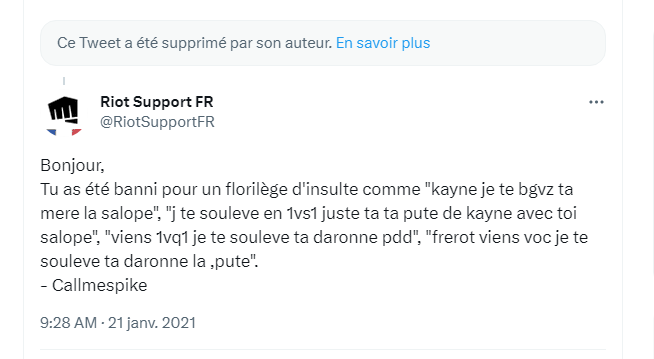 MDRRR le prime du <a href="/RiotSupportFR/">Riot Support FR</a> c'était de copier coller les insultes des mecs qui demandaient des explications sur leur ban sous leur propre tweet