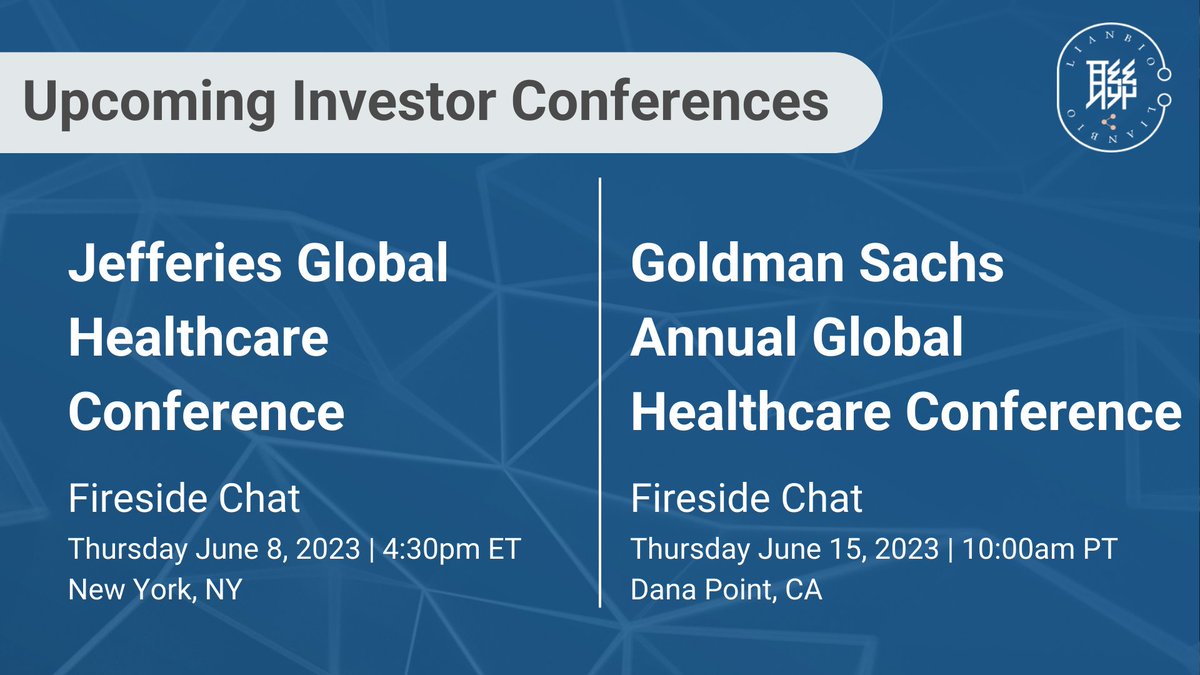 The LianBio management team is looking forward to participating in the <a href="/Jefferies/">Jefferies</a> Global Healthcare Conference and <a href="/GoldmanSachs/">Goldman Sachs</a>  Annual Global Healthcare Conference in June. Learn more here: bit.ly/3qo9QBT  $LIAN