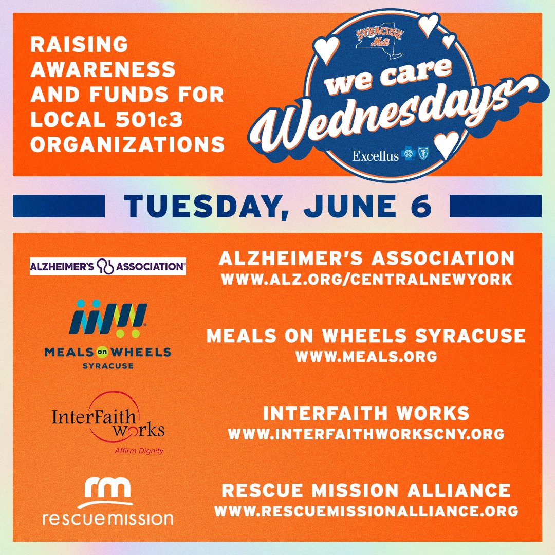 Due to a scheduling quirk, our next @ExcellusBCBS We Care Wednesday is on a TUESDAY—June 6! Featured orgs: @alzassociation, @MOWSyracuse, @InterFaithCNY, and @RescueMission 

$4 from each ticket purchased through links at milb.com/syracuse/commu… goes to the charity you select!