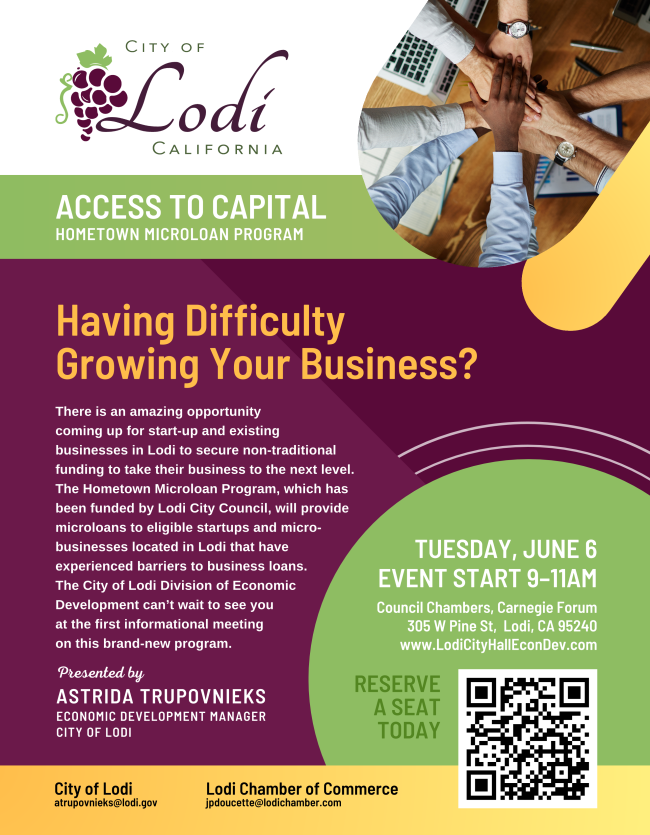 Informational meeting on the Hometown Microloan Program for Lodi businesses.

🗓 Tue, Jun 6, 2023 
📍 Council Chambers Carnegie Forum - 305 W Pine St Lodi, CA 95240
⏰ 9 AM - 11 AM 
REG: conta.cc/3WI8cXG

#lodica #smallbusiness #loan