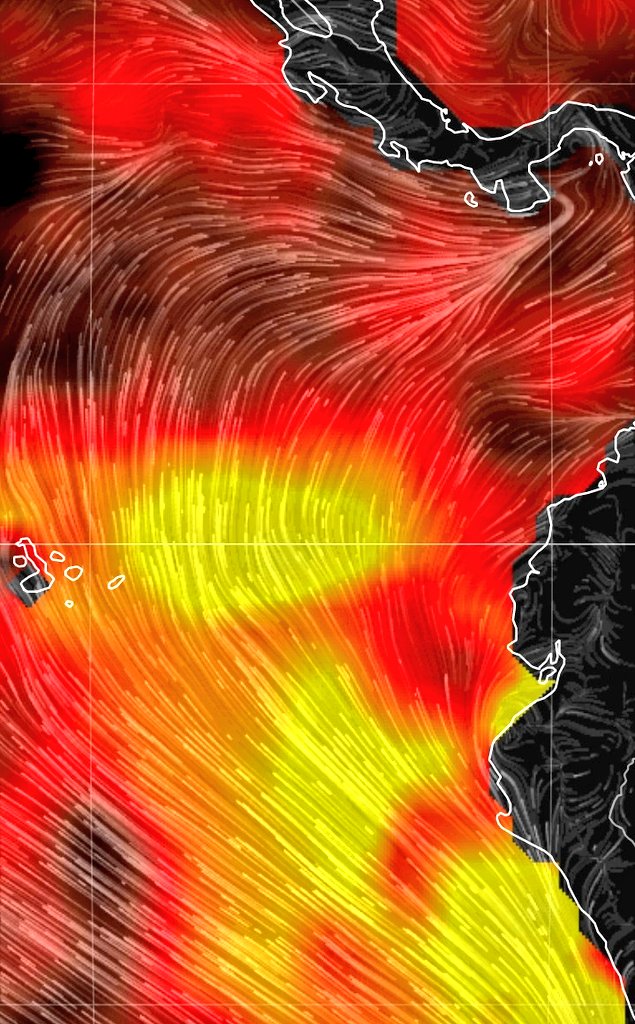 📣A propósito del #DíaDelNiño ¿Estamos preparados para llegada del fenómeno del #niño? En gráfico lo rojo es agua caliente y vemos ausencia de agua fría frente a #Ecuador ¿El #CambioClimático está en agenda de @alcaldiagye  @PrefGuayas @Presidencia_Ec? 👇earth.nullschool.net/#current/ocean…