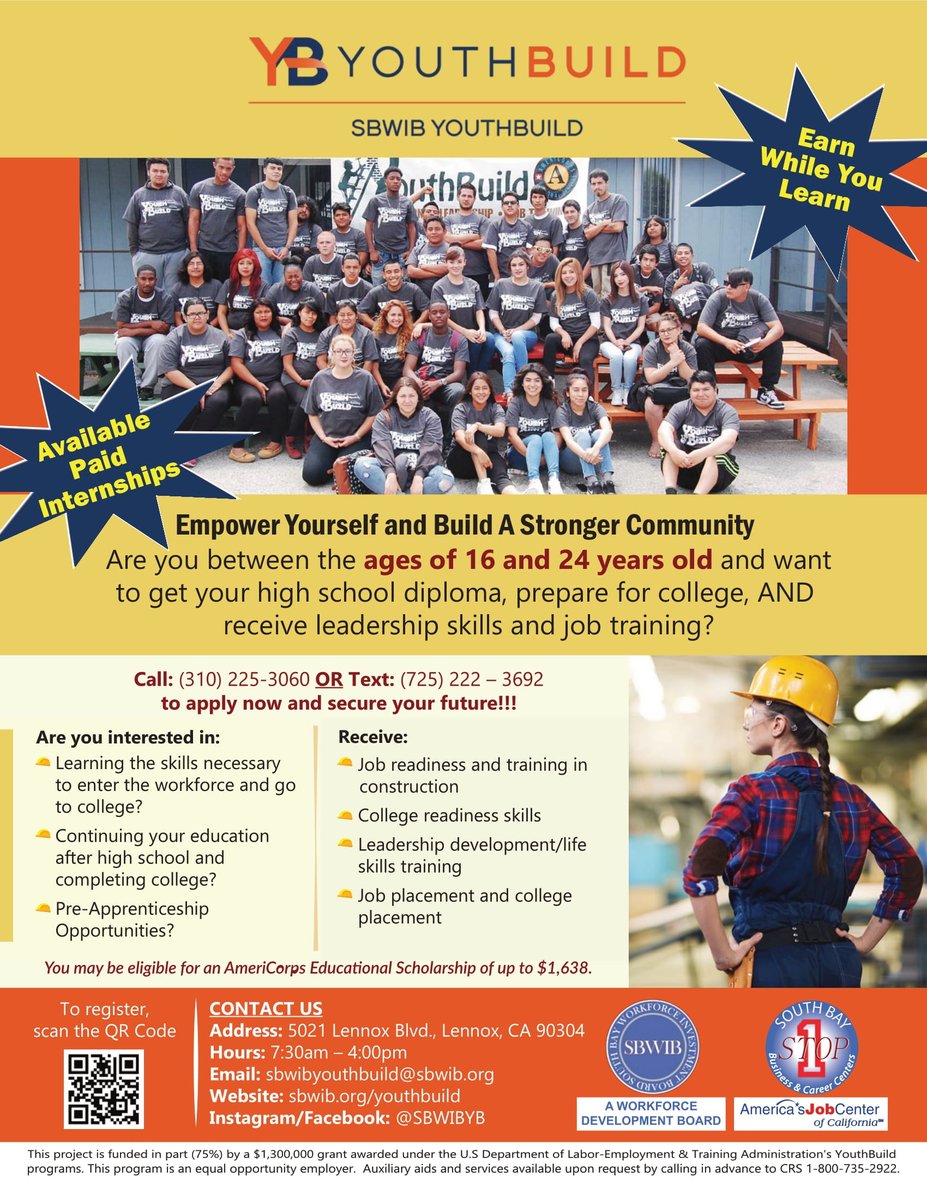 Now accepting new enrollments! #Enrolltoday #SBWIB #Youthbuild #lennoxresources #earn #learn #americorps #education #scholarship #stipend #community #diploma #success #jobpreparation