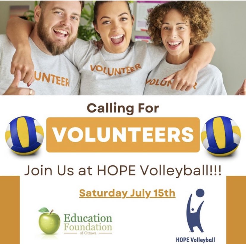 Join us on July 15th at HOPE Volleyball Summerfest!!

We are looking for volunteers for:
-Gate Admissions
-Score Keeping
-Grounds Maintenance

Link to register: forms.gle/HGXUNvHb7vWzUc…
.

#volunteerottawa #hopevolleyball #ocdsb #ottawavolunteers #ottawa #ottawavolleyball