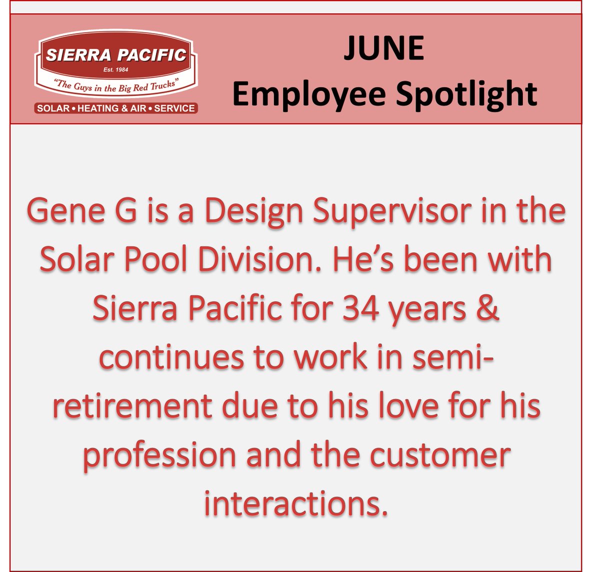 SierraPacificCA's tweet image. Meet our June Employee Spotlight: Gene G.! 🤩⭐️

Thanks for everything that you do, Gene! ❤️

#SolarPool #PoolSeason #Swimming #Pool #Summer 
@FAFCOInc