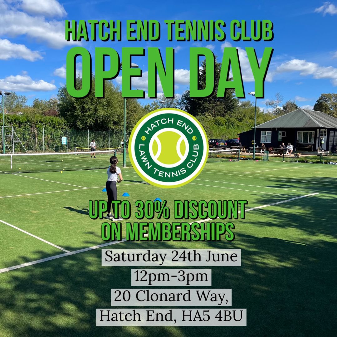 Come and discover the benefits of joining Hatch End Lawn Tennis Club. Join my friendly tennis club on Saturday 24 June from midday to meet our members and see our facilities. #hatchend #nwlondontennis #tennisinlondon #tennisNWLondon #openday #summertennis #hatchendtennisclub