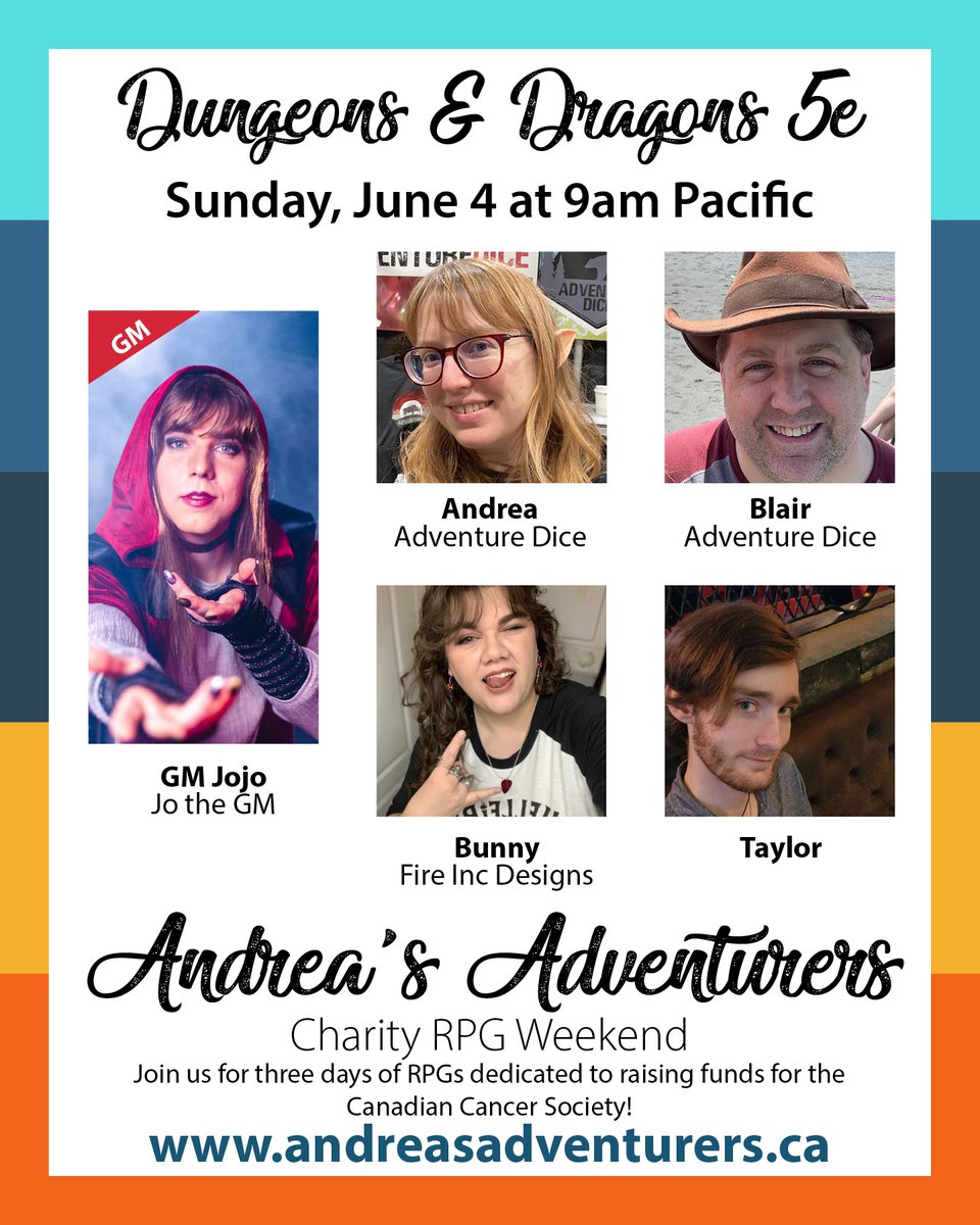 AndreasAdv's tweet image. Sunday will be D&amp;amp;D5e day for #AndreasAdventurers starting at 9 am. 

DM'd by @G_M_Jojo, with @wisdomcheck, @adventuredice, @fireincdesigns, and Taylor.

Tune in Sunday, June 4 at 9am pacific: andreasadventurers.ca