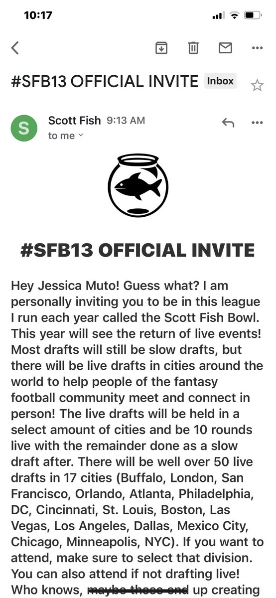 Jess Muto (@jessmuto) on Twitter photo YES!!! So excited to be a part of this awesome event again this year. I had so much fun last year and met lots of cool folks, all for a great cause. Thanks <a href="/ScottFish24/">Scott Fish</a> <a href="/JohnBoschFF/">John</a> <a href="/DynastyOuthouse/">Dynasty Outhouse</a> <a href="/FantasyCaresOrg/">Fantasy Cares #fantasycares</a> <a href="/RyanMc23/">Ryan McDowell</a> for this opportunity! #SFB13 baby!! YES!!! So excited to be a part of this awesome event again this year. I had so much fun last year and met lots of cool folks, all for a great cause. Thanks <a href="/ScottFish24/">Scott Fish</a> <a href="/JohnBoschFF/">John</a> <a href="/DynastyOuthouse/">Dynasty Outhouse</a> <a href="/FantasyCaresOrg/">Fantasy Cares #fantasycares</a> <a href="/RyanMc23/">Ryan McDowell</a> for this opportunity! #SFB13 baby!!