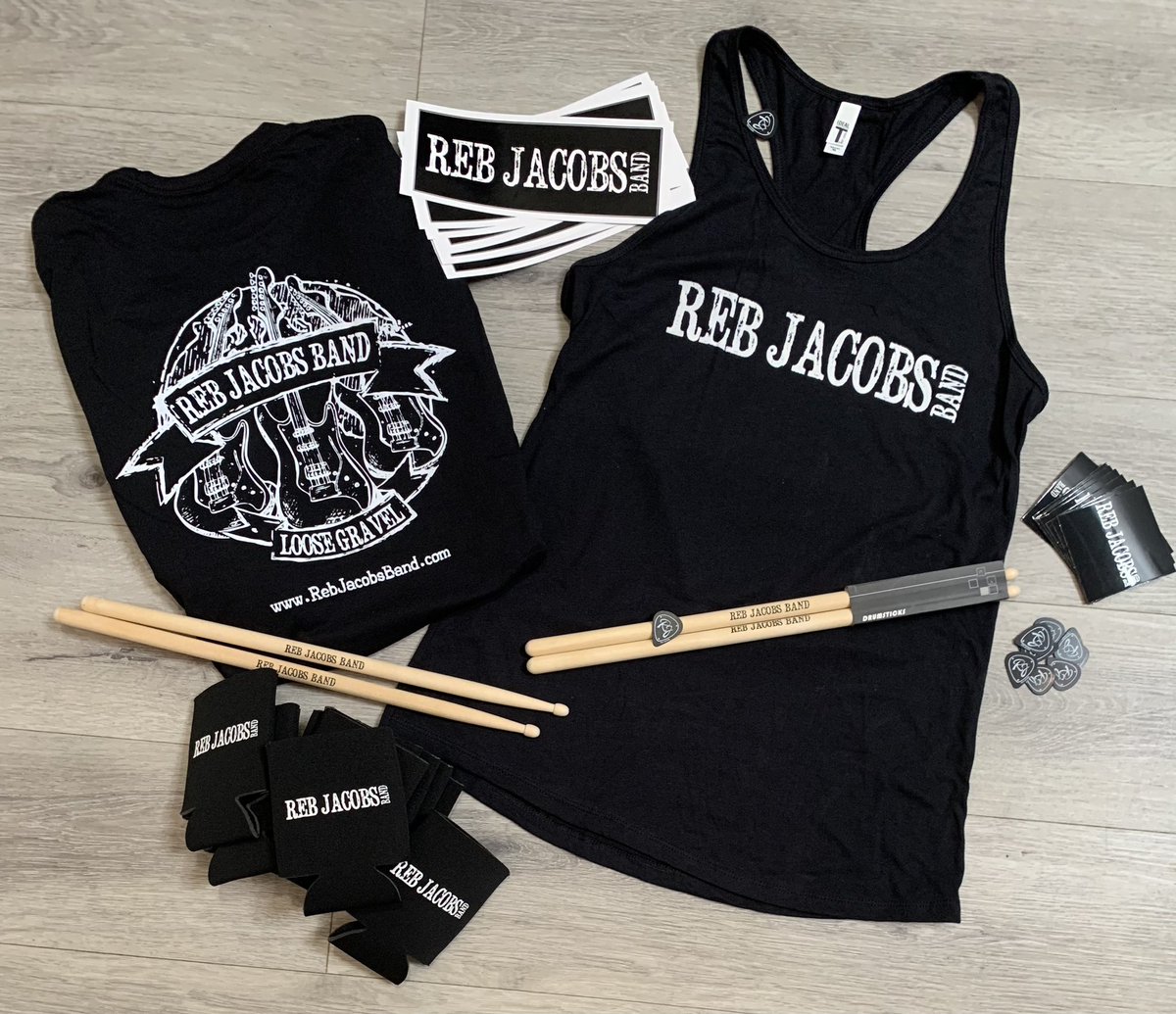 Summer Tour season is here!! 🎉 

MEGA merch bundle for
 Reb Jacobs Band🤘🤘
#tees #tanktops #koozies #guitarpicks #drumsticks #bumpersticker #magnets 
#satx #sanantonio #southernrock #texasmusic #atx #austin #atxmusic