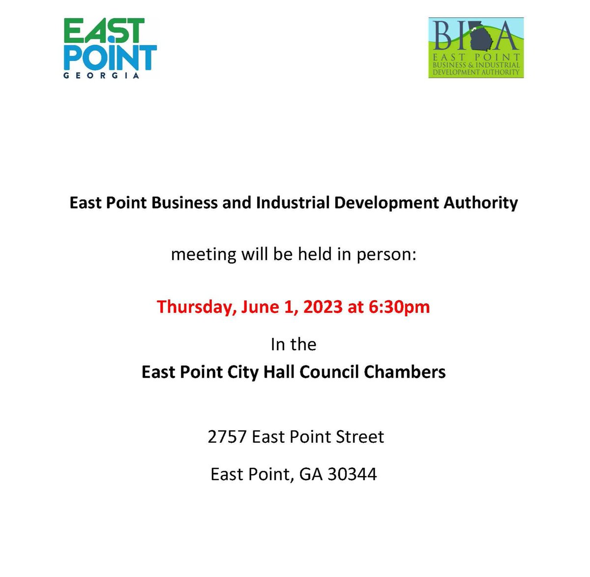 cityofeastpoint's tweet image. This Evening... The East Point and Industrial Development Authority Monthly meeting will occur on Thursday, June 1, 2023, at 6:30 pm in person at the City Hall Council Chambers. This meeting is open to the public. 

#EastPointGa #Industrial #DevelopmentAuthority
