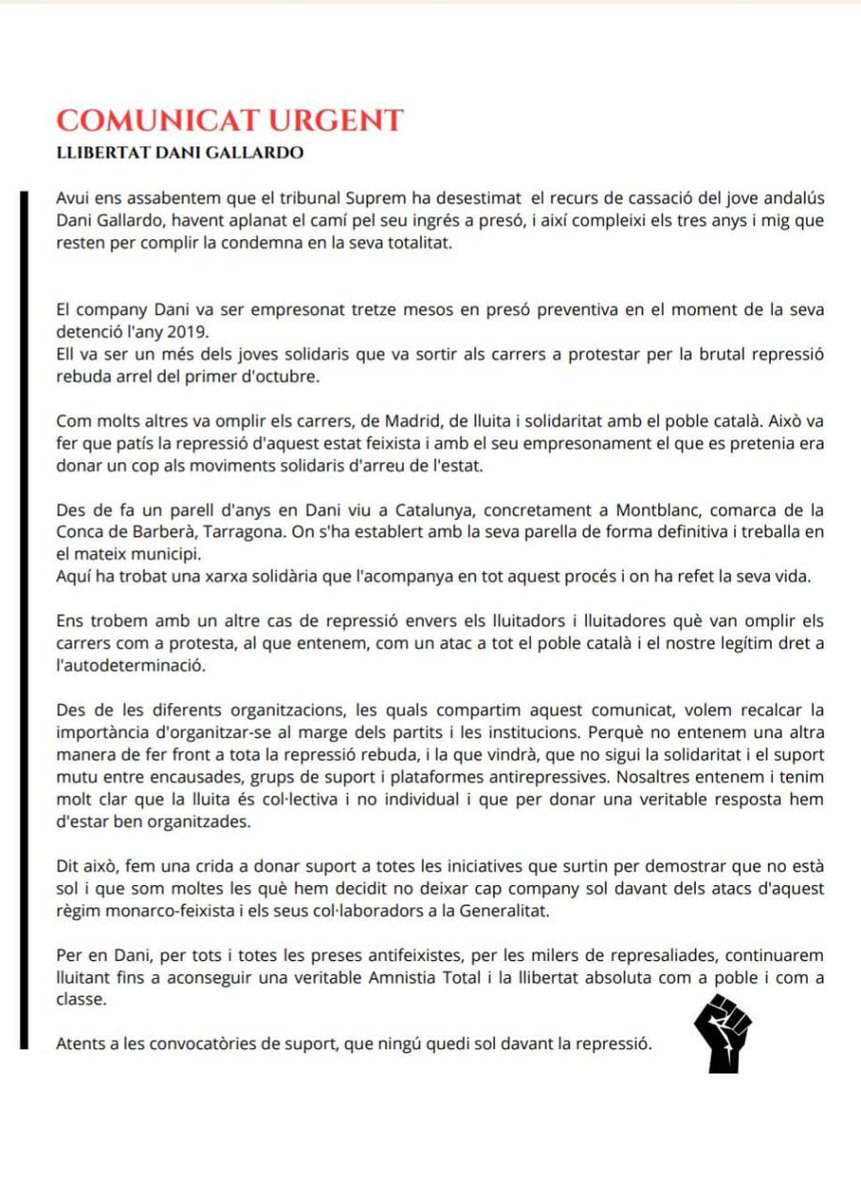 ⬛️⬜️❗️ El Tribunal Suprem desestima el recurs de cassació de <a href="/danipk_g/">Dani Gallardo</a> i l'obliga a complir la pena dels 3 anys i mig de presó per haver donat suport al poble català l'any 2019.

✅ Només amb la independència evitarem la vulneració contínua de drets fonamentals, com ara la