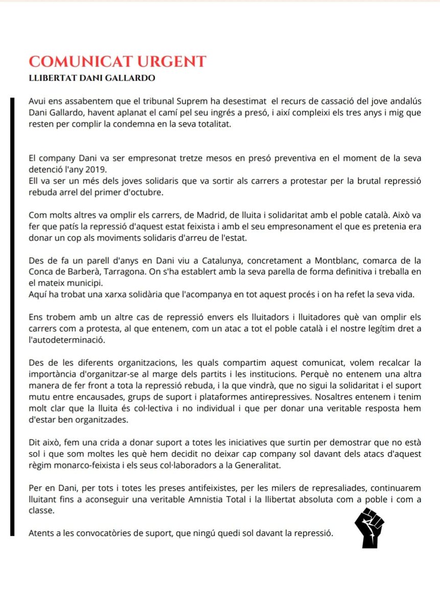 anarcobergueda2's tweet photo. Comunicat urgent sobre la desestimació del recurs de cassació i entrada a presó del Dani Gallardo.
Atentes a les pròximes convocatòries, no el deixem sol!
#LlibertatDaniGallardo https://t.co/hNUw8JzRU1