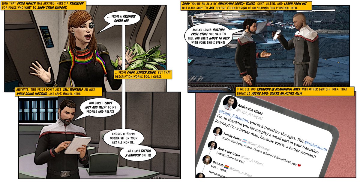 Happy #PrideMonth2023!! Breaking out my #StarTrekOnline pride comic again. 

Things are... not great for a lot of trans and gender diverse Trekkies out there right now. So being here, supporting and loving where you can, means a lot.

Star Trek won't stop saying gay 🏳️‍🌈🖖🏳️‍⚧️