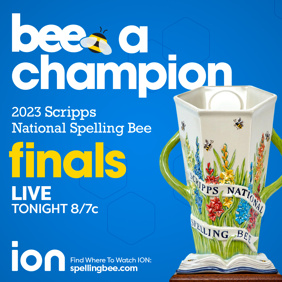 WPTV's tweet photo. ION is the official television home of the Scripps National Spelling Bee! Watch the Finals live tonight at 8:00pm. Find where to watch ION at https://t.co/H9QFW6j4zq. #spellingbee #BeeAChampION @ScrippsBee https://t.co/b1GjVdLs2m