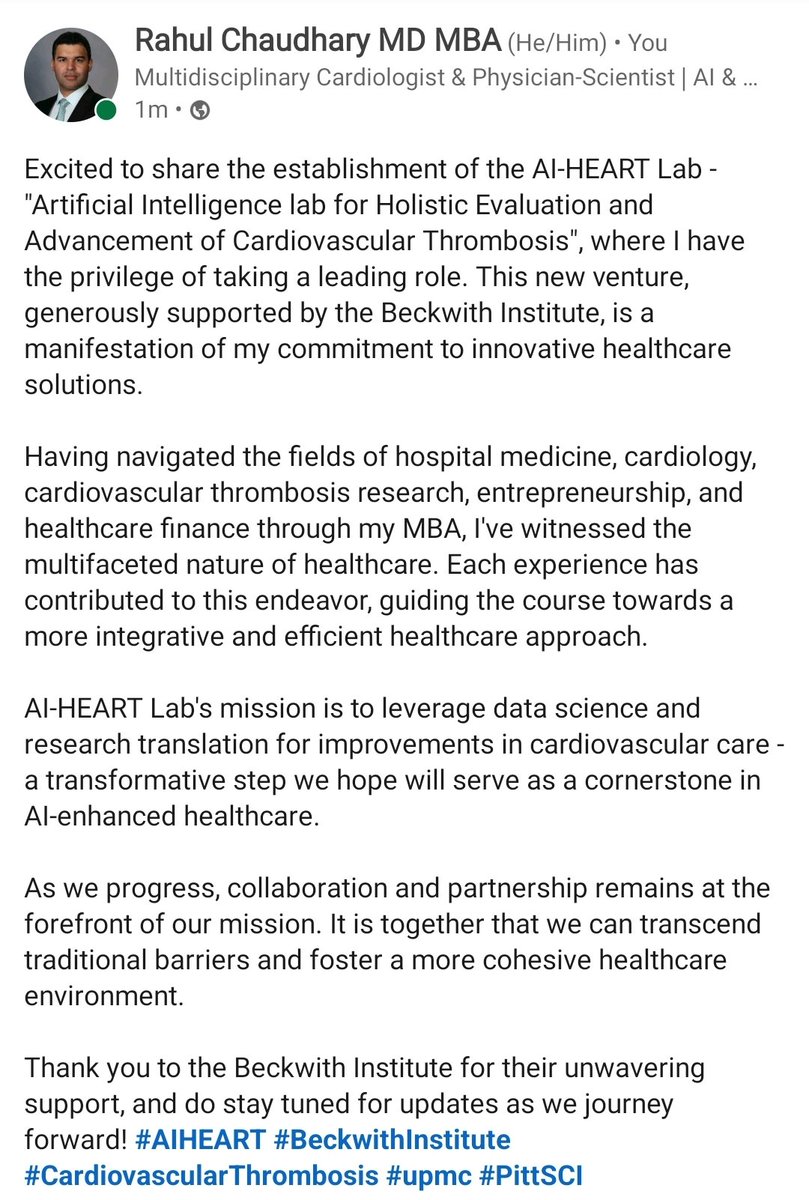 Excited to lead the AI-HEART Lab at #UniversityOfPittsburgh, an innovative venture in AI-driven cardiovascular care. Grateful for the support of the Beckwith Institute. Stay tuned for updates! @CVThrombosis @HviUpmc @PittCardiology @PittVMI @SciPitt