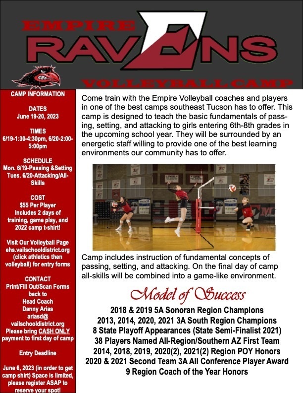 It's time for Volleyball Camp! Please see the flyer for details, and click the link below for the registration form. Please contact Coach Danny with questions 
 at ariasd@vailschooldistrict.org.

5il.co/1uqam