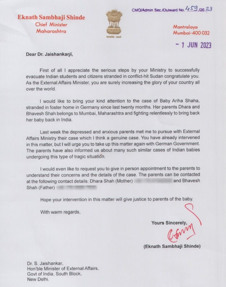 Maharashtra CM Eknath Shinde writes to Minister of Foriegn affairs Dr S Jaishankar, drawing his attention to the case of baby Ariha Shah, 'stranded in foster home in Germany since last 20 months' Ariha’s parents met him last week. According to this petition, Ariha Shah's father…
