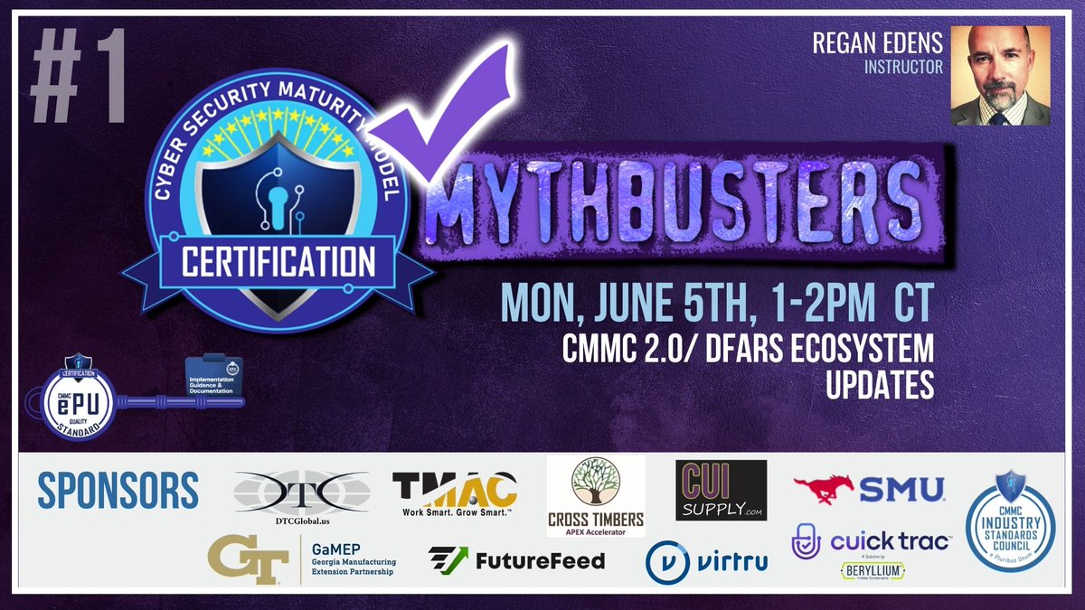 💥 CMMC Mythbusters # 1 is LOCKED & LOADED!💥We're just a few days away from our FREE 6-part Mythbusters series where we provide you with the latest CMMC 2.0/ DFARS training and education. Click below to sign up for session 1, JUNE 5th at 1PM CT. events.teams.microsoft.com/event/bd293eb5…