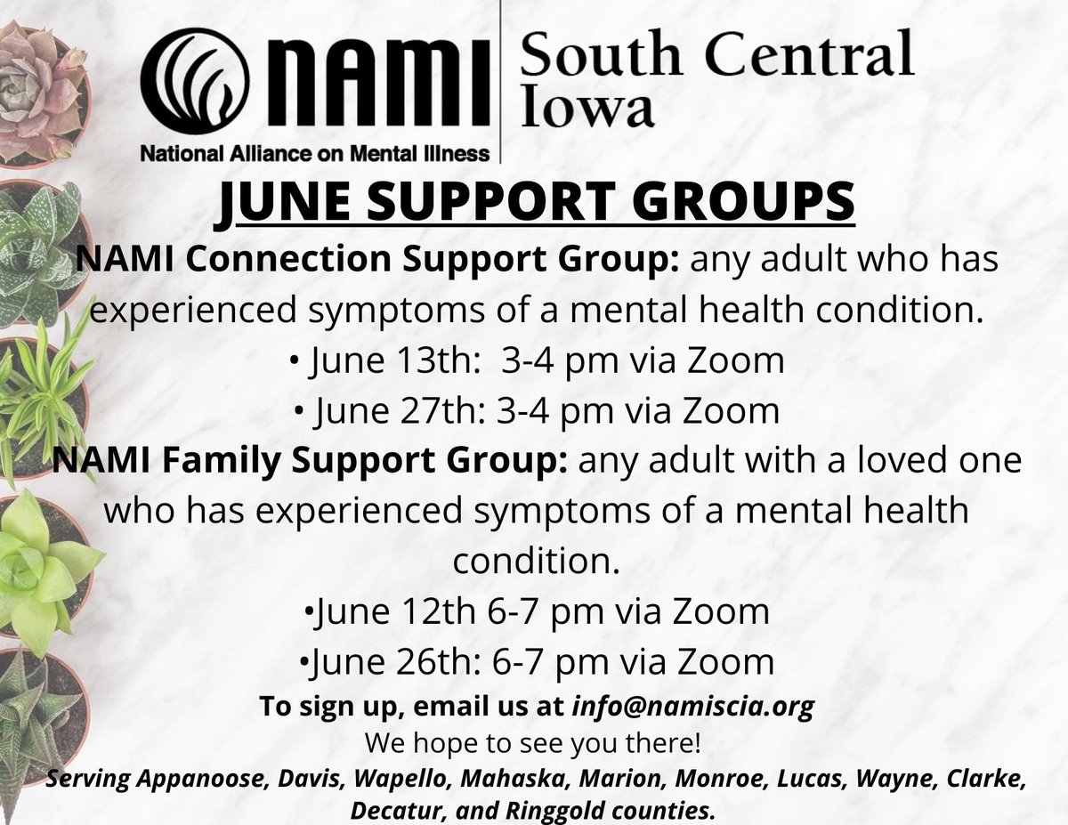 Below are our #support #groups for #June!

We hope to see you there! 💚💚💚

#connectionsupportgroup #FamilySupportGroup #youarenotalone #namisouthcentraliowa #supportgroups  #mentalhealthmatters #nami  #resources #iowa #mentalhealthawareness #stopthestigma #mentalhealthsupport