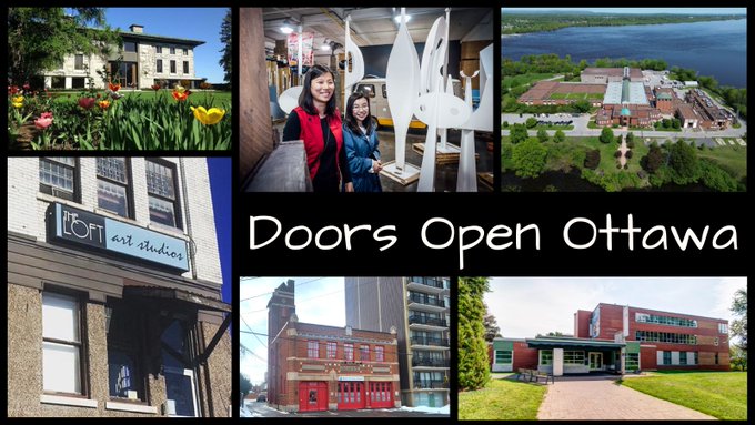 A collage of buildings participating in Door Open Ottawa 2023.Top row, from left to right: French Embassy in Canada, Canada Council Art Bank and Britannia Water Purification Plant.Bottom row, from left to right: The Loft Art Studios, Better Business Bureau at Station No. 11 and Vanier Museopark.