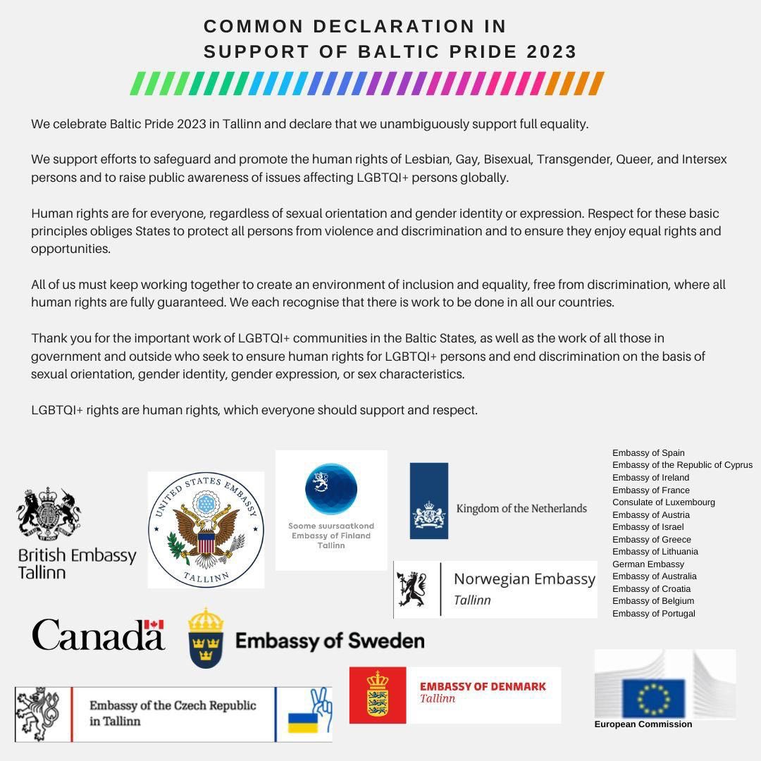 Happy to join the statement of like-minded embassies in Tallinn in support of #BalticPride2023 #LGBTQIRights are human rights and their support is an integral part of 🇨🇿 foreign policy. Let the Pride Month begin! 🏳️‍🌈